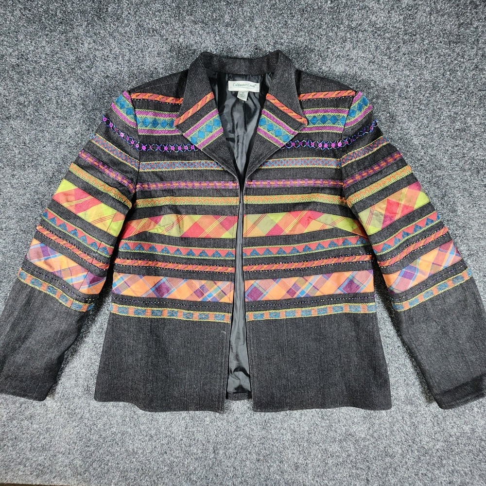 Coldwater Creek Black Denim Embellished Open Front Jacket 10 Southwestern Boho